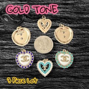 Lot of 3 CC Heart Gold Tone Zipper Pull Button Charms